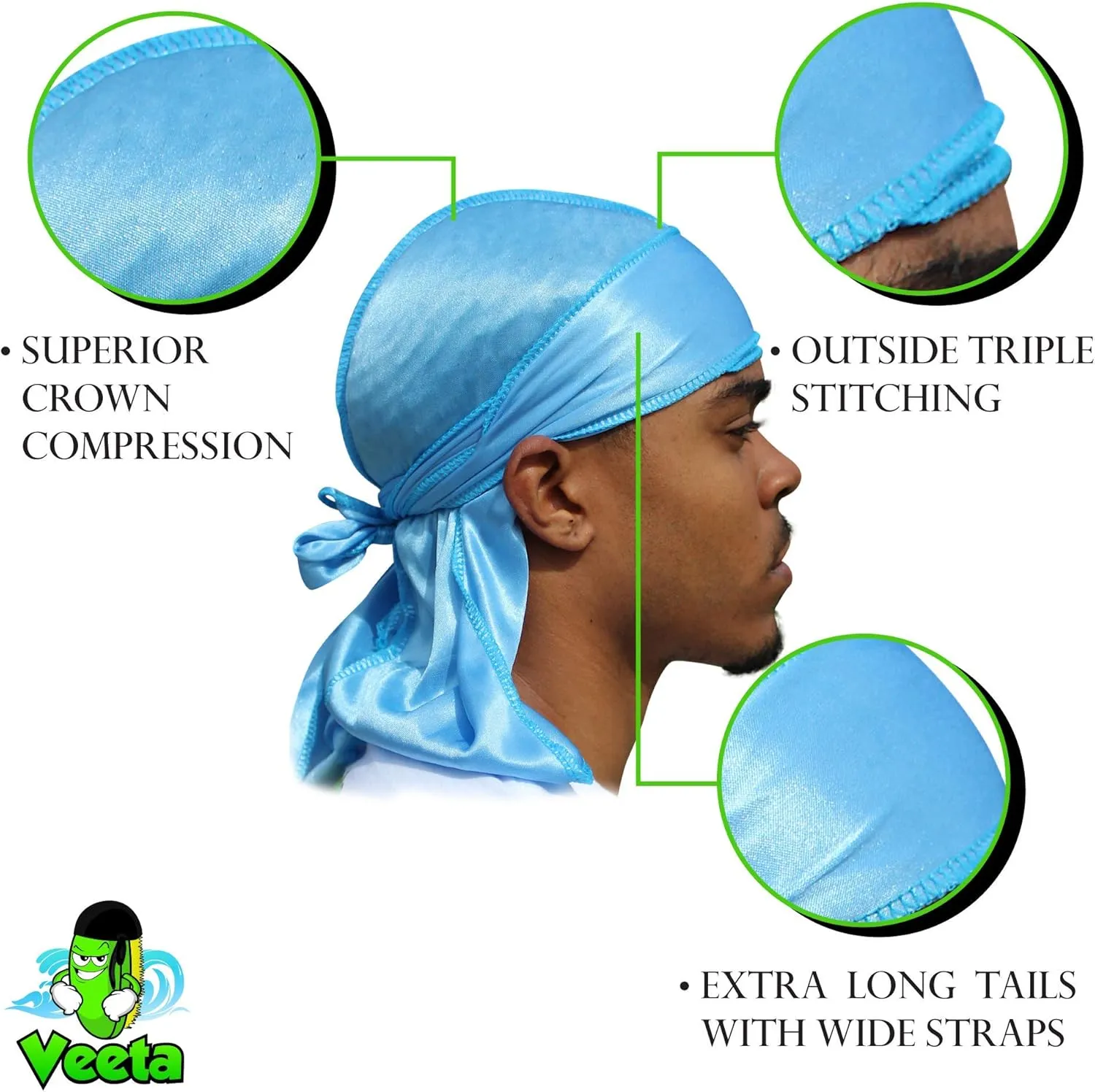 Veeta Superior Silk Durag - Smooth Silk Durag for Men & Women, Long Double Wide Straps, Outside Seam Triple Stitch Du Rag