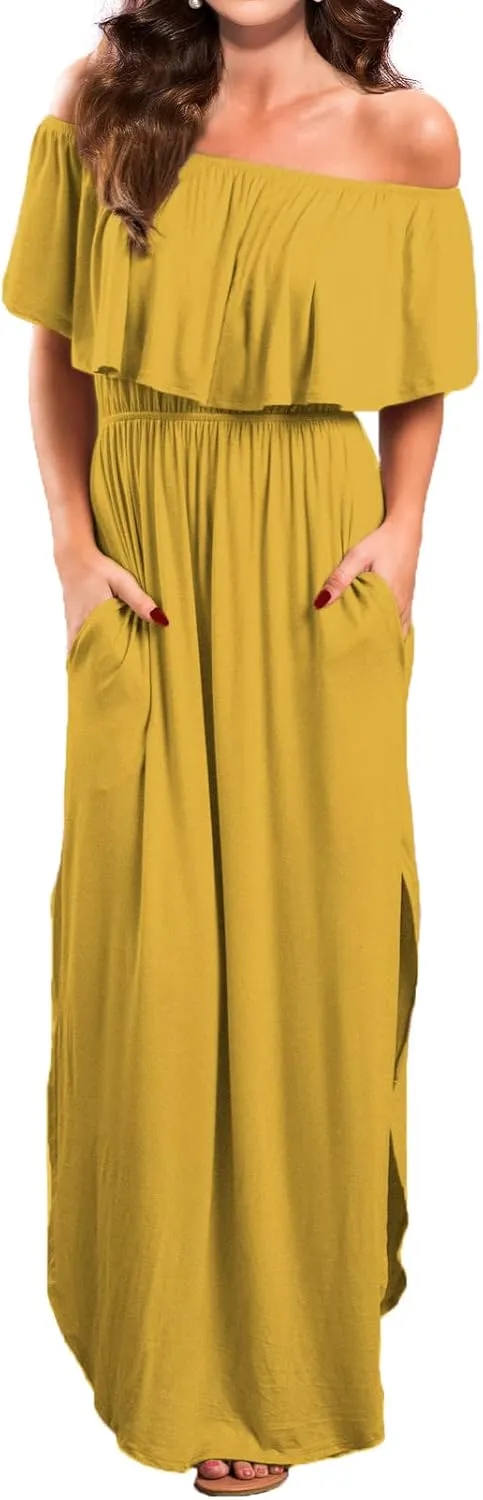 VERABENDI Women's Off Shoulder Summer Casual Long Ruffle Beach Maxi Dress with Pockets
