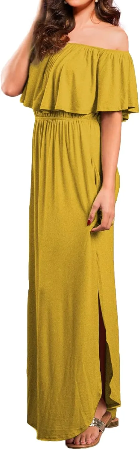 VERABENDI Women's Off Shoulder Summer Casual Long Ruffle Beach Maxi Dress with Pockets