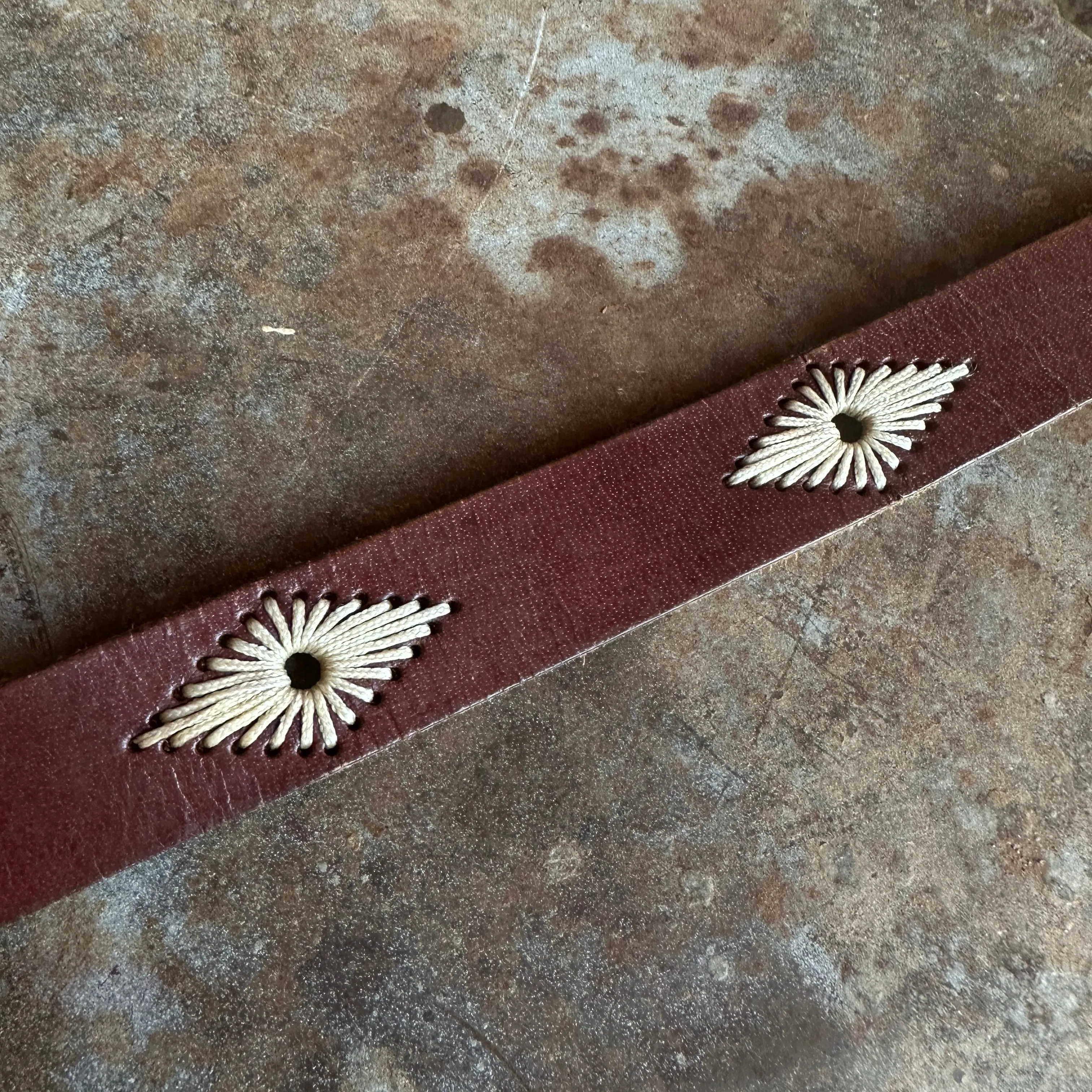 Vintage Dark Brown Genuine Leather Cream Embroidered Belt