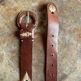 Vintage Dark Brown Genuine Leather Cream Embroidered Belt