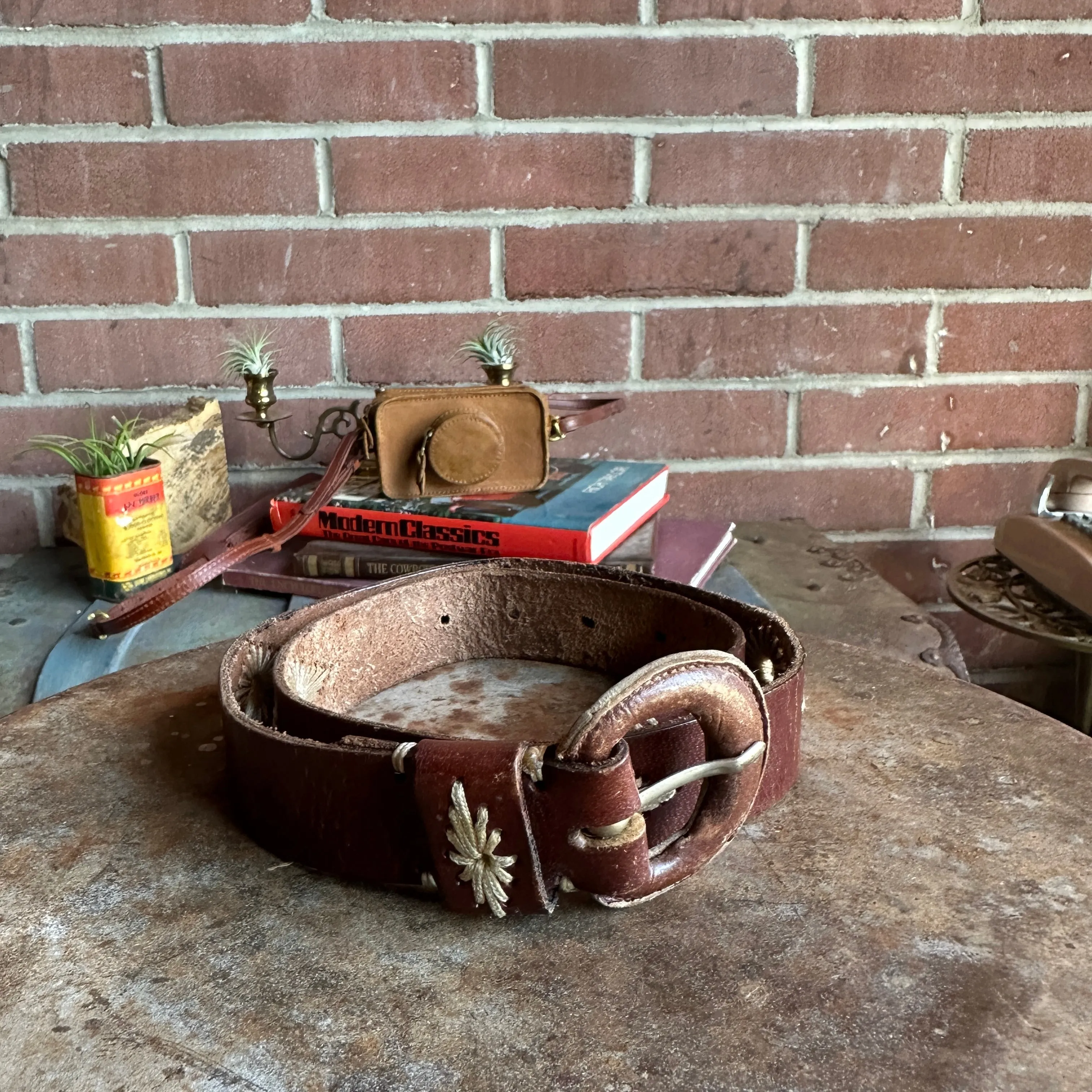 Vintage Dark Brown Genuine Leather Cream Embroidered Belt