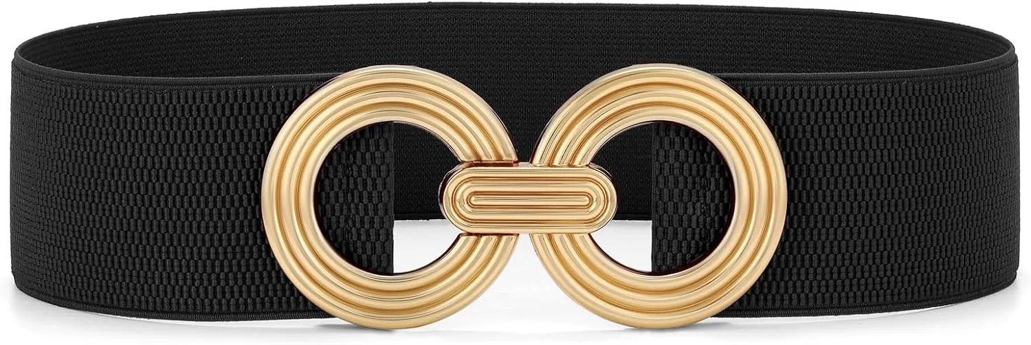 WHIPPY Women Wide Elastic Waist Belt Fashion Hollow Out Round Gold Buckle Stretchy Belt Waistband for Ladies