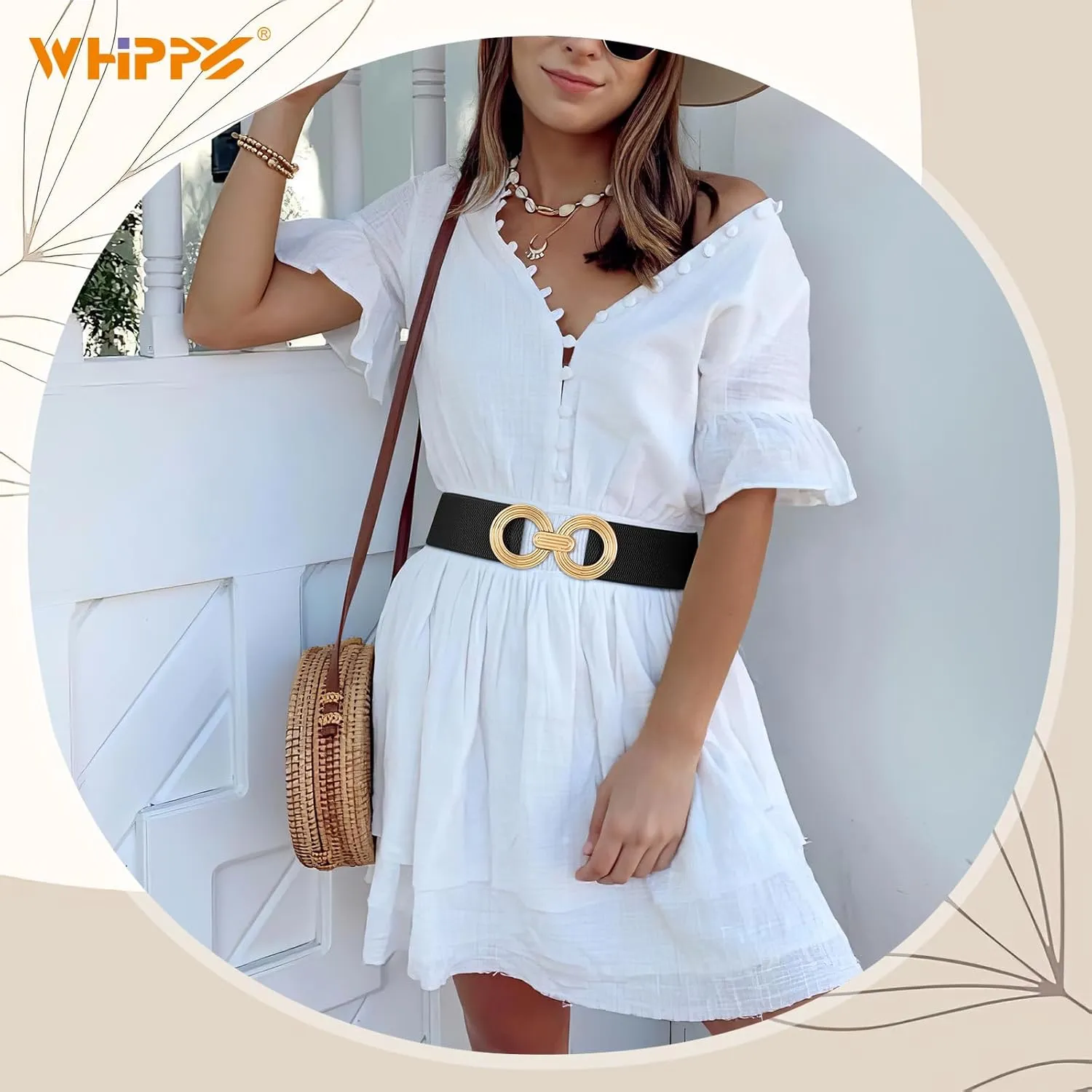 WHIPPY Women Wide Elastic Waist Belt Fashion Hollow Out Round Gold Buckle Stretchy Belt Waistband for Ladies