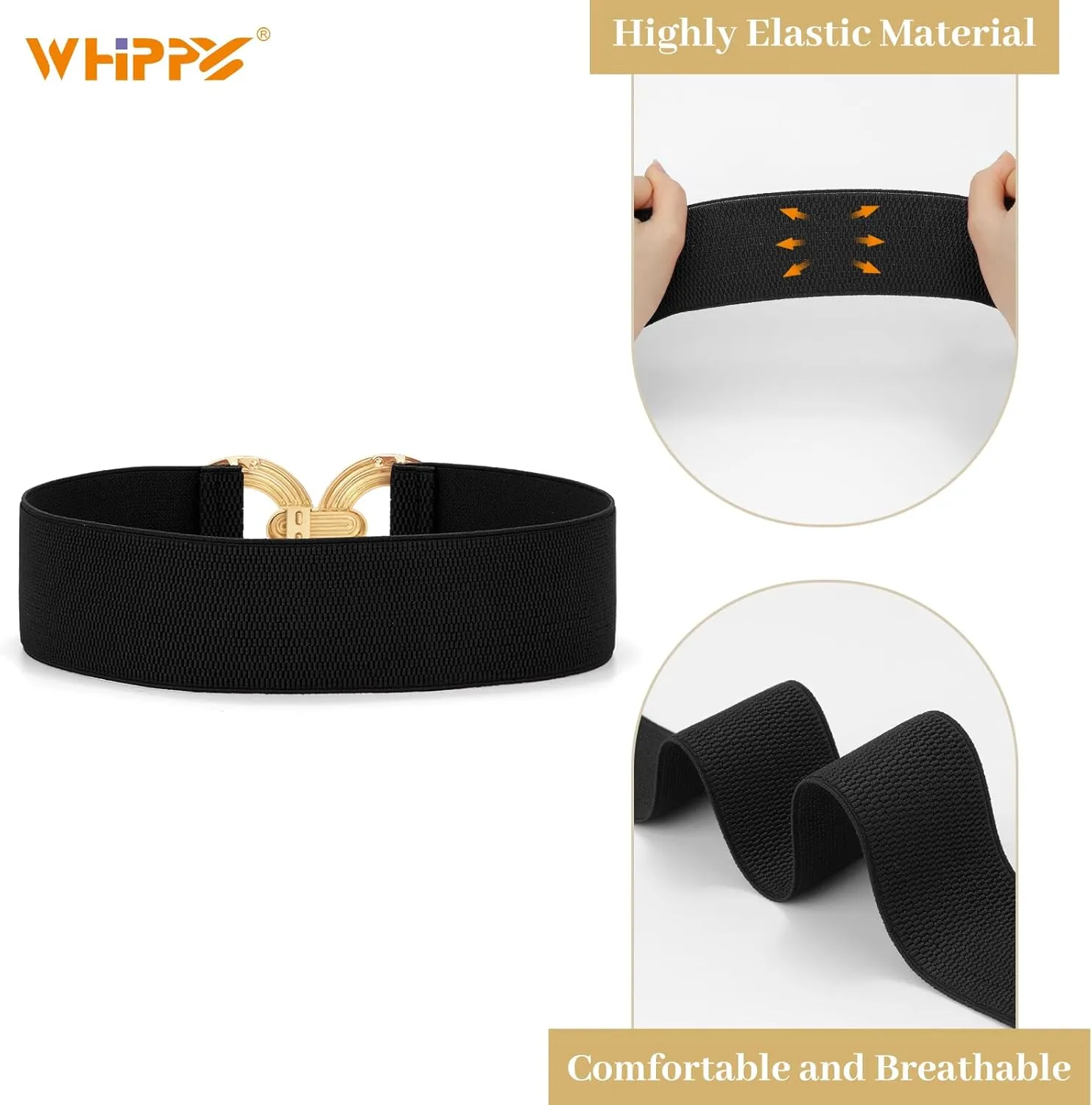 WHIPPY Women Wide Elastic Waist Belt Fashion Hollow Out Round Gold Buckle Stretchy Belt Waistband for Ladies