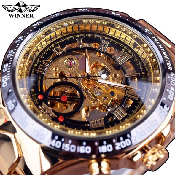 Winner New Number Sport Design Bezel Golden Watch Mens Automatic Skeleton Watch