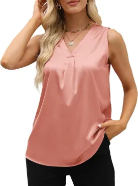 Women's Silk Satin Blouse, Summer Sleeveless Tank Tops, V Neck Camisole Work Shirts for Women