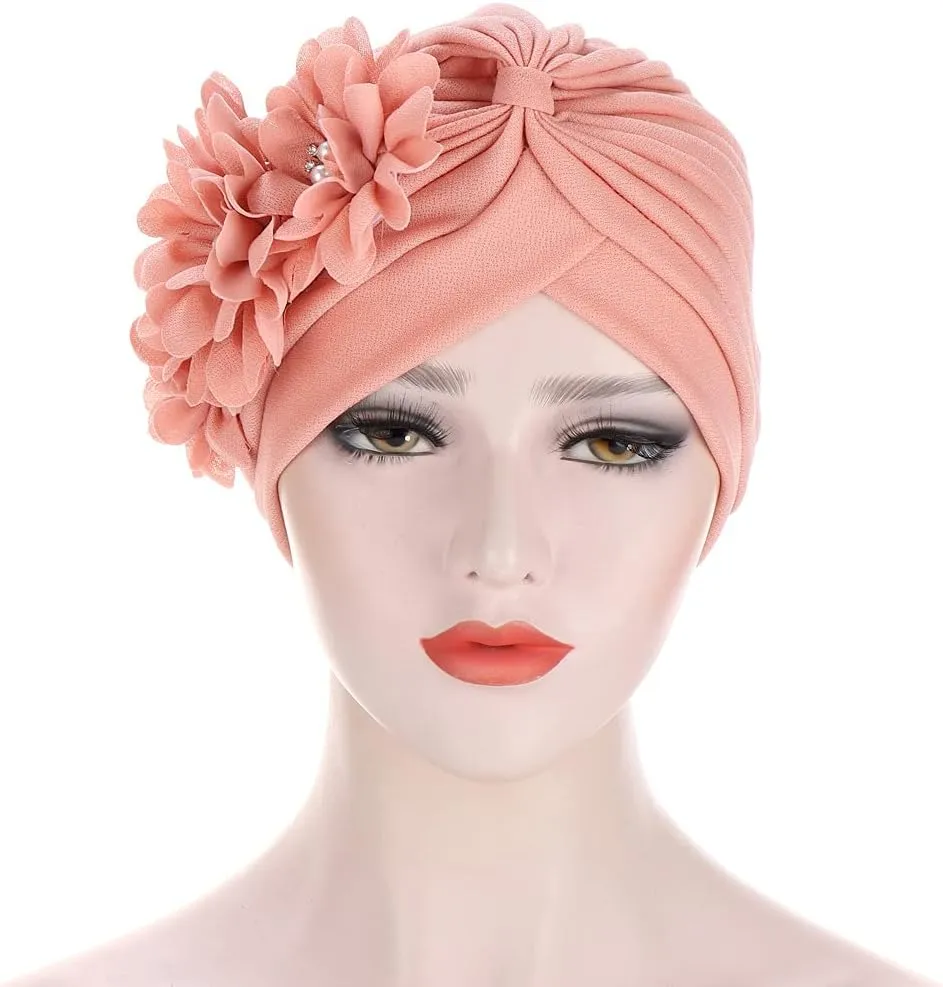 YYAOJHAO Women Flower Turban Hats - Ruffle Pre Tied Headwrap Caps Chemo Beanies Hijab Headscarf for Cancer Patient Hair Loss