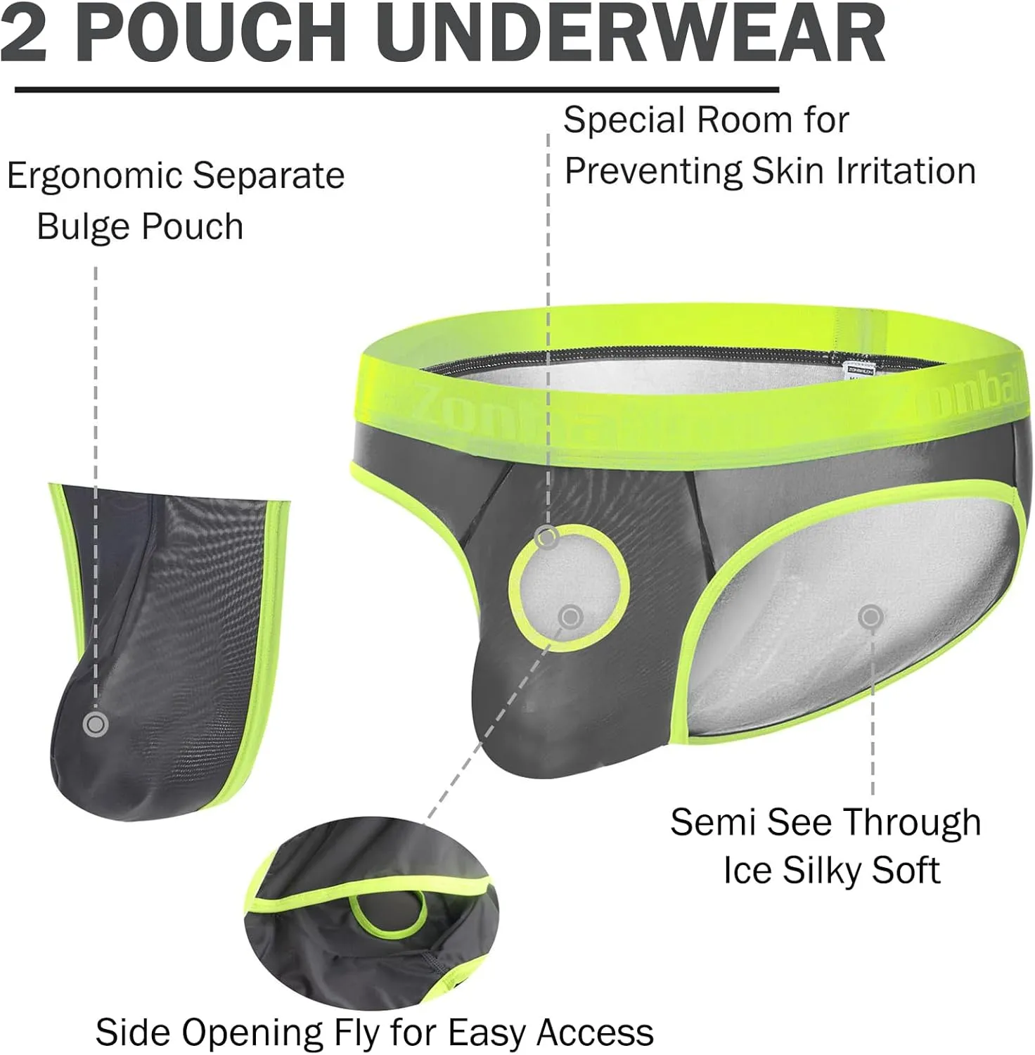 ZONBAILON Men's Briefs Dual Pouch Ice Silk Underwear See Through Thin Breathable Sexy Panties