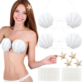 Zoooyawn 4 Sets Shell Bra Costume 4 Pcs White Seashell Bikini Top with Cord 8 Pcs Starfish Hair Clip 8 Sheets Pearl Stickers Mermaid Cosplay Accessories for Women Mermaid Party